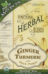 Mate Factor Ginger Turmeric with Black Pepper tea bags in packaging for daily use.