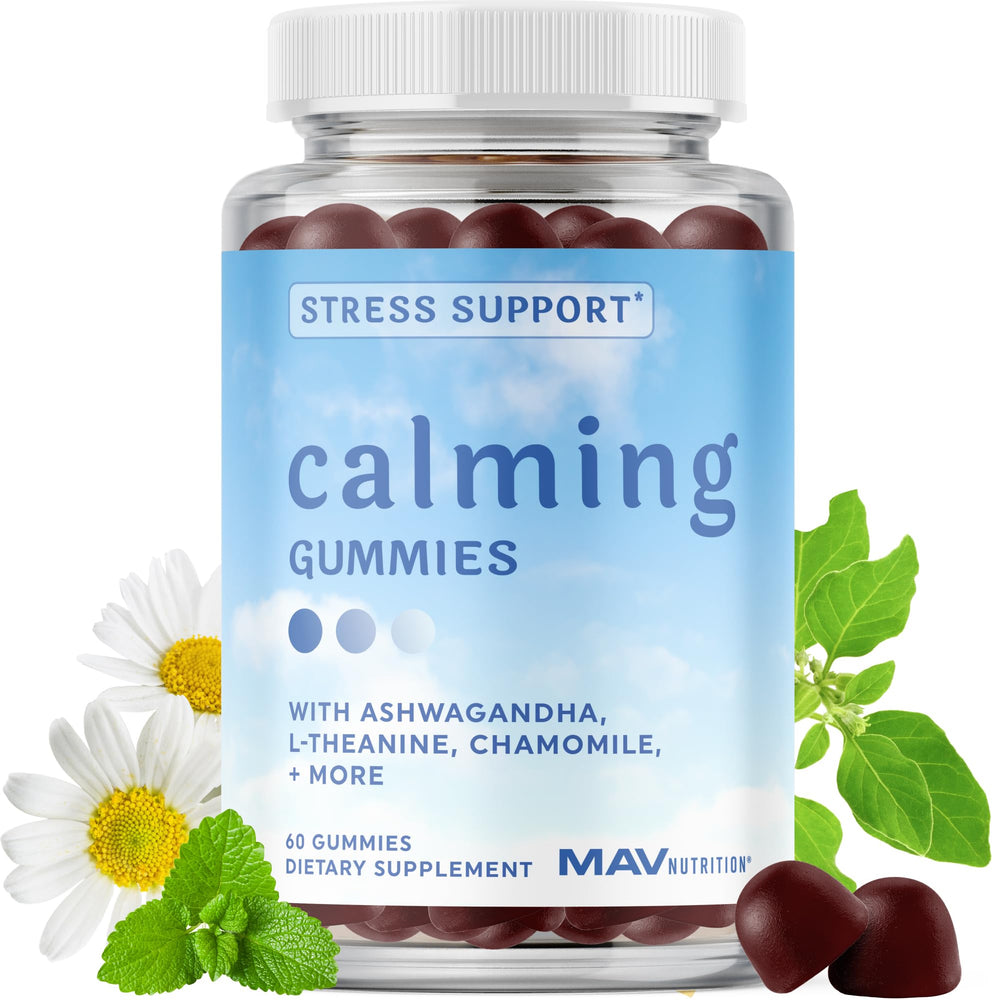 MAV NUTRITION calming ashwagandha gummies for teens in raspberry flavor bottle promoting relaxed focus