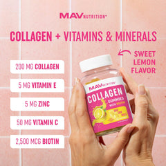 MAV Nutrition Collagen Gummies Biotin 2500mcg image emphasizes key beauty ingredient.