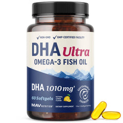 MAV Nutrition DHA Ultra 1010mg bottle highlights high-strength brain health support.
