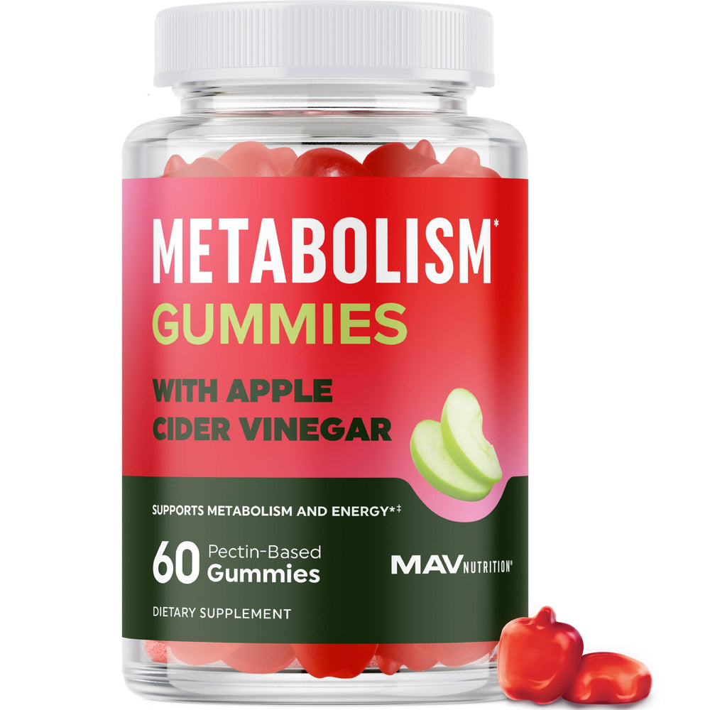MAV Nutrition Metabolism Gummies bottle front with apple flavor for daily energy support