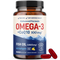 MAV Nutrition Omega-3 CoQ10 lemon bottle front highlights heart health support and high‑quality fish oil