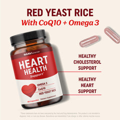 MAV Nutrition red yeast rice with CoQ10 omega-3 bottle being poured for daily use.