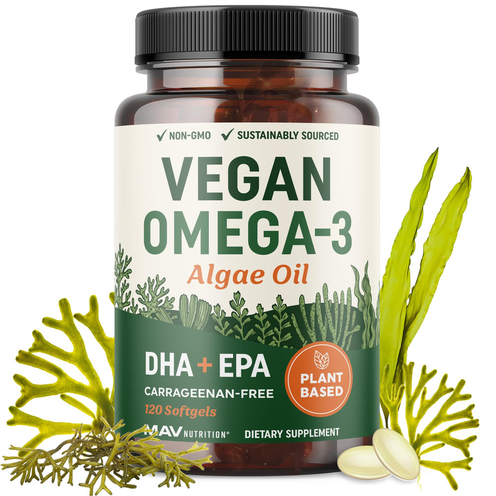 MAV Nutrition vegan omega-3 algae softgels bottle for daily wellness