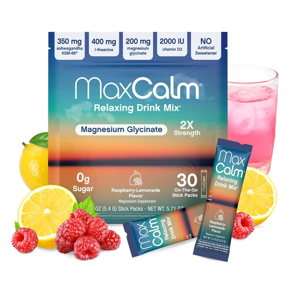 Max Calm raspberry-lemonade powder dissolves quickly for a refreshing, on-the-go calm.