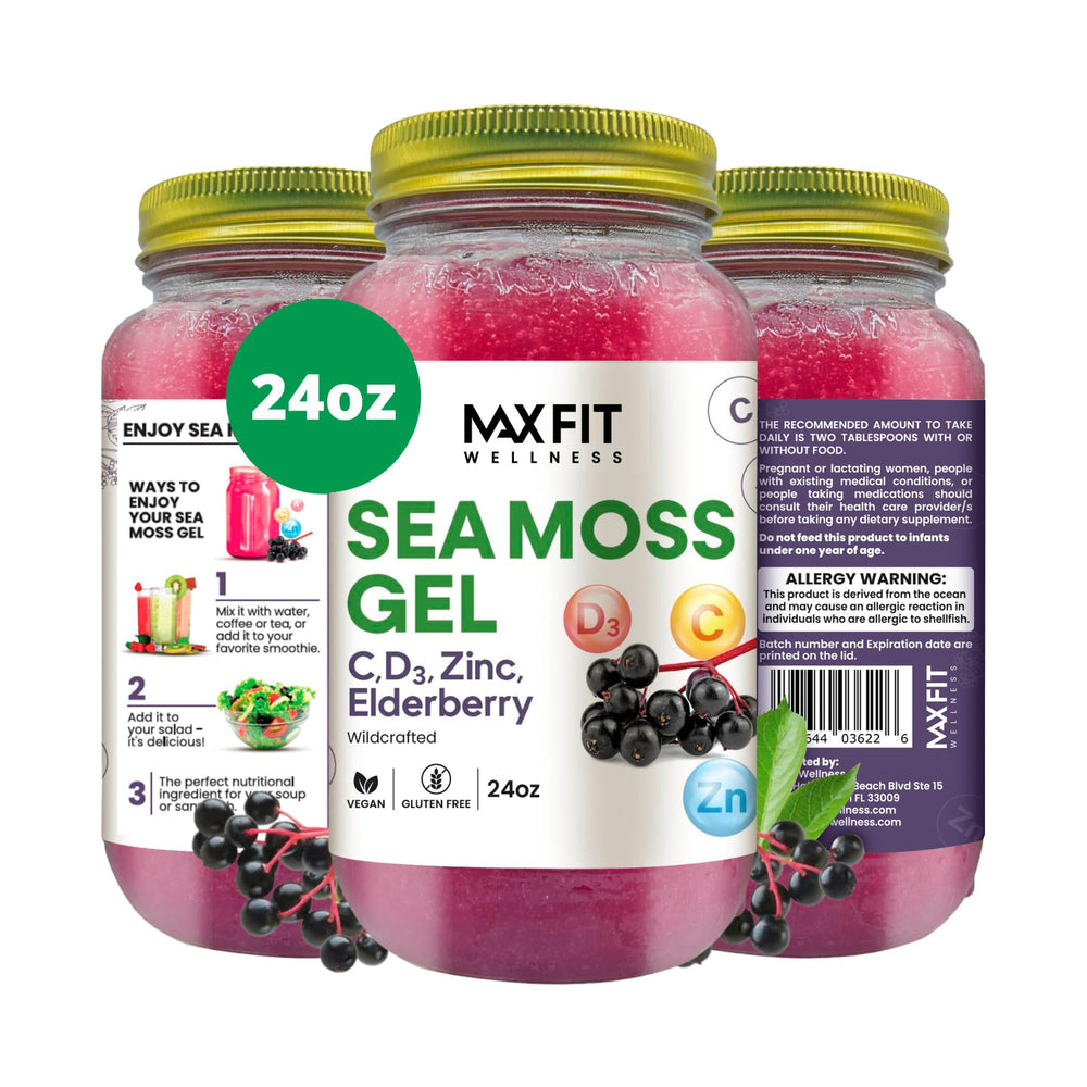 MAX FIT Sea Moss Gel 24oz bottle in a kitchen for daily wellness routine.