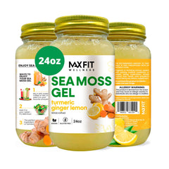 MAX FIT Sea Moss Gel Turmeric Ginger Lemon jar close-up – flavorless base ideal for smoothies.