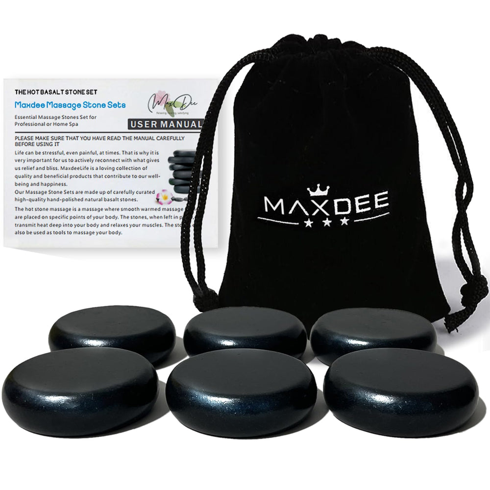 Maxdee hot stones six-pack arranged for professional massage sessions.