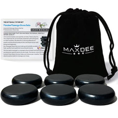 Maxdee hot stones six-pack arranged for professional massage sessions.