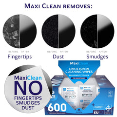 Maxi Clean precision lens wipes close-up, safe lens cleaning for cameras and glasses