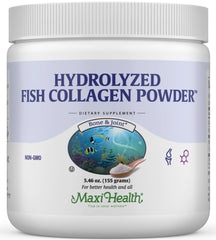 Maxi Health collagen peptides powder bottle showing marine Type I formula for joints and skin support