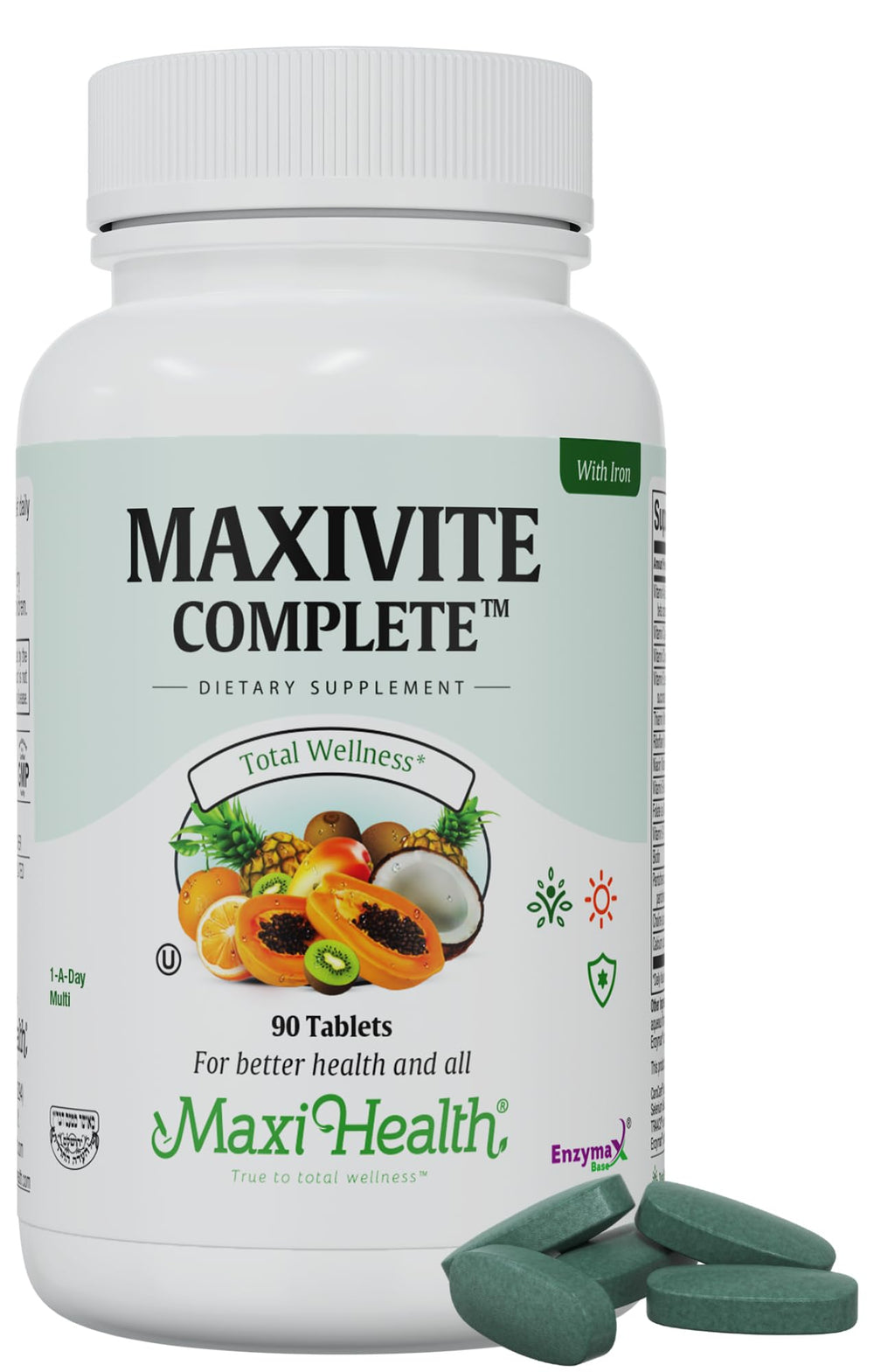 Maxi Health Complete bottle front—convenient daily multivitamin for energy.