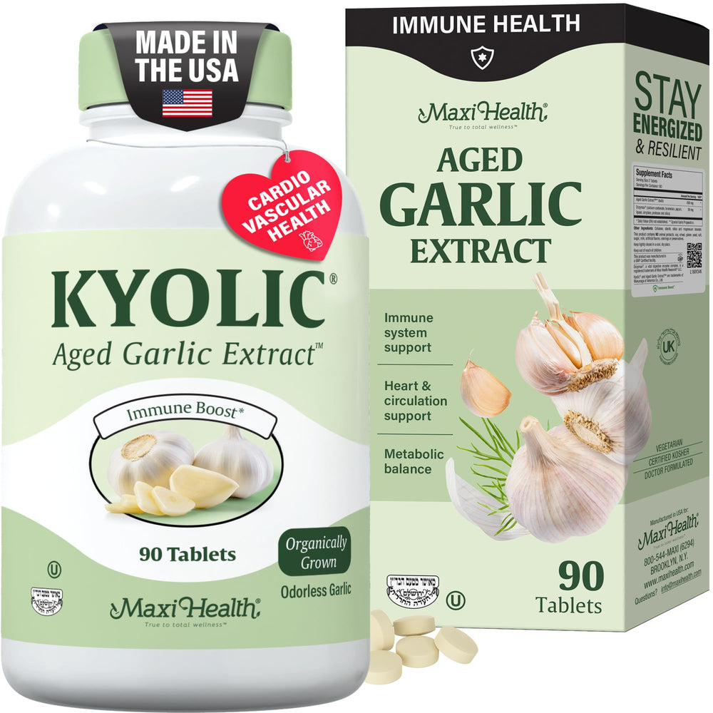 Maxi Health Kyolic Organic Garlic bottle front highlighting immune-support formula.
