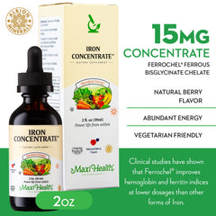 Maxi Health Liquid Iron berry dropper highlights precise serving for gentle absorption.