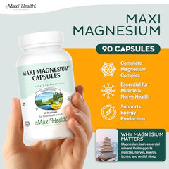 Capsules of Maxi Health Magnesium Complex promote muscle and nerve function.