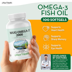 Maxi Health Omega 3 2000mg bottle back shows nutrition facts and sourcing.