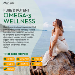 Maxi Health Omega 3 2000mg softgels closeup highlighting burpless no fishy aftertaste.