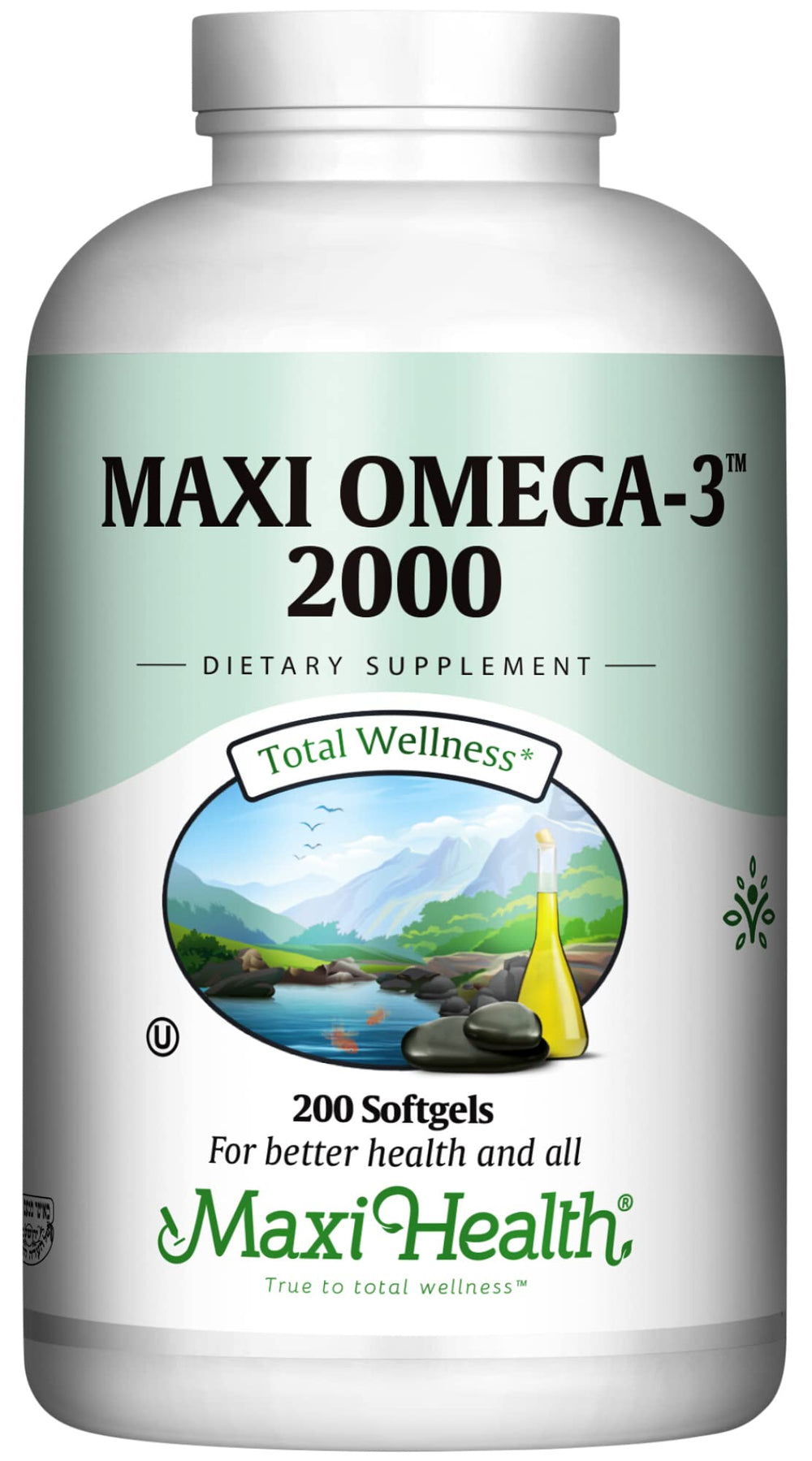 Maxi Health Omega-3 bottle label with 2000mg serving for heart and brain support