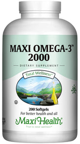 Maxi Health Omega-3 bottle label with 2000mg serving for heart and brain support