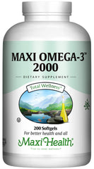 Maxi Health Omega-3 bottle label with 2000mg serving for heart and brain support