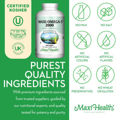 Maxi Health Omega-3 USA-made facility badge indicates trusted production since 1974