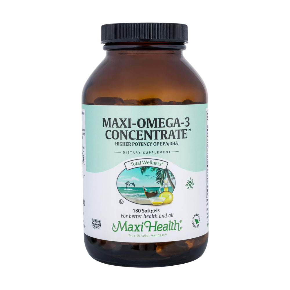 Maxi Health Omega-3 triple-strength bottle front signaling heart and brain support