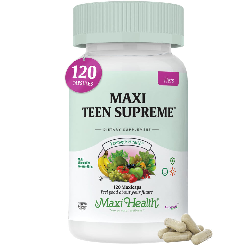 Maxi Health Teen Multivitamin bottle front view shows teen-focused formula for daily wellness.