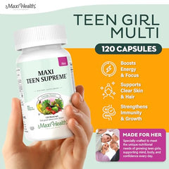 Maxi Health Teen Multivitamin label close-up highlights D3, iron, and calcium for growth.