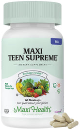 Maxi Health Teen Vitamins bottle shows 32 nutrients for growth and daily energy