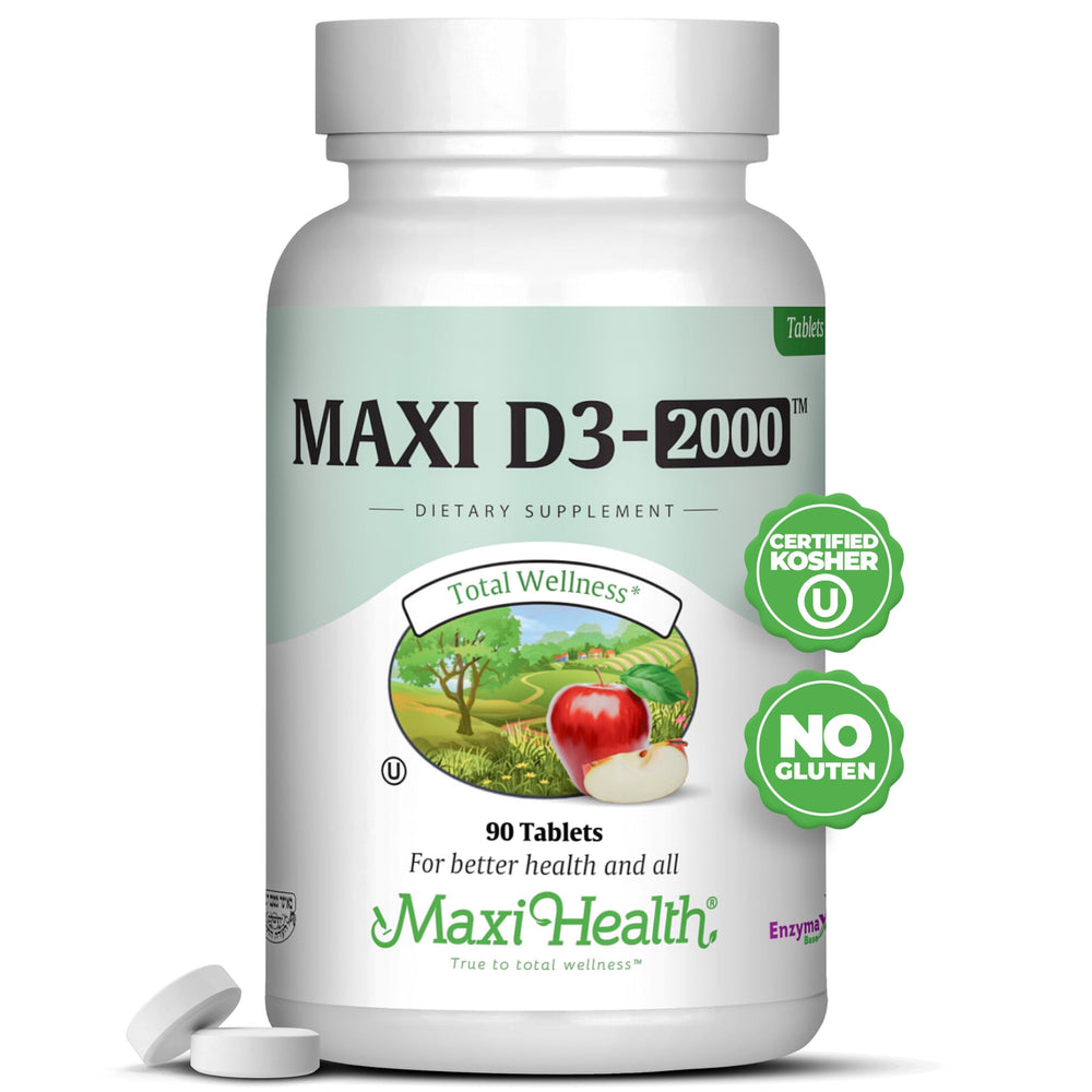 Maxi Health Vitamin D3 2000IU tablets front view for immune support.