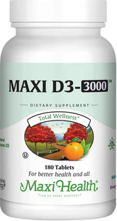 Maxi Health Vitamin D3 3000 IU bottle on display supports daily bone health.