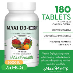 Maxi Health Vitamin D3 3000 IU capsules—close-up highlighting easy-to-swallow softgels.