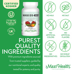Maxi Health Vitamin D3 3000 IU supplement facts panel informs calcium absorption context.