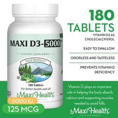 Maxi Health Vitamin D3 5000 IU label detail highlights potency