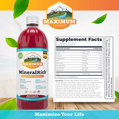 Maximum Living MineralRich label closeup highlights 70+ minerals and sugar-free formula.