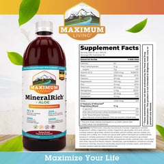 Maximum Living MineralRich ingredients panel highlights silica, biotin, and B-12.