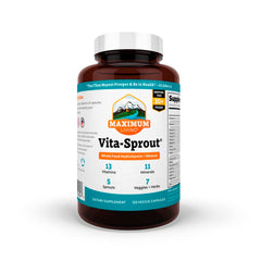 Maximum Living Vita-Sprout bottle with capsules, illustrating vegan multivitamin benefits.
