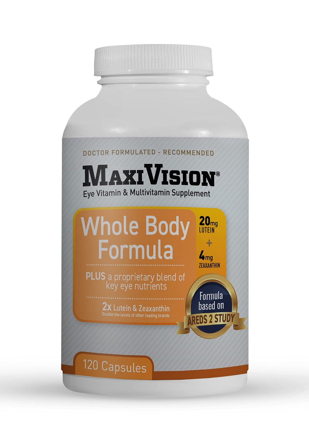 MaxiVision AREDS2 bottle front displaying a complete eye health formula.