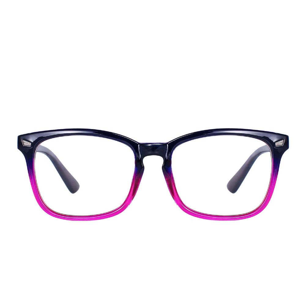 MAXJULI blue light blocking glasses in purple gradient pink, close-up for eye comfort