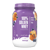 Maxler 100% Golden Whey Blueberry Muffin powder tub for high-protein shakes.