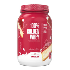 Maxler 100% Golden Whey Raspberry Cheesecake packaging highlights premium whey blend for athletes.
