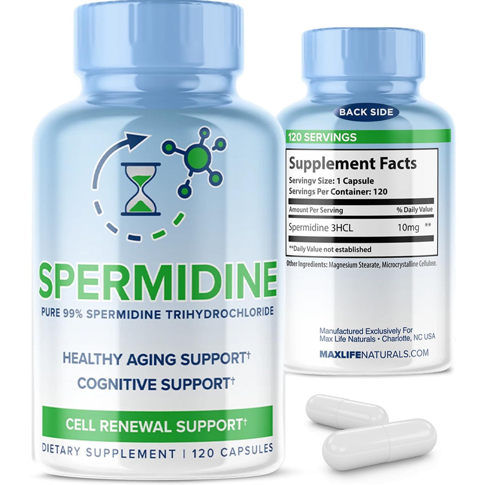 MAXLIFE NATURALS Pure Spermidine 3HCL bottle pour for daily renewal support.