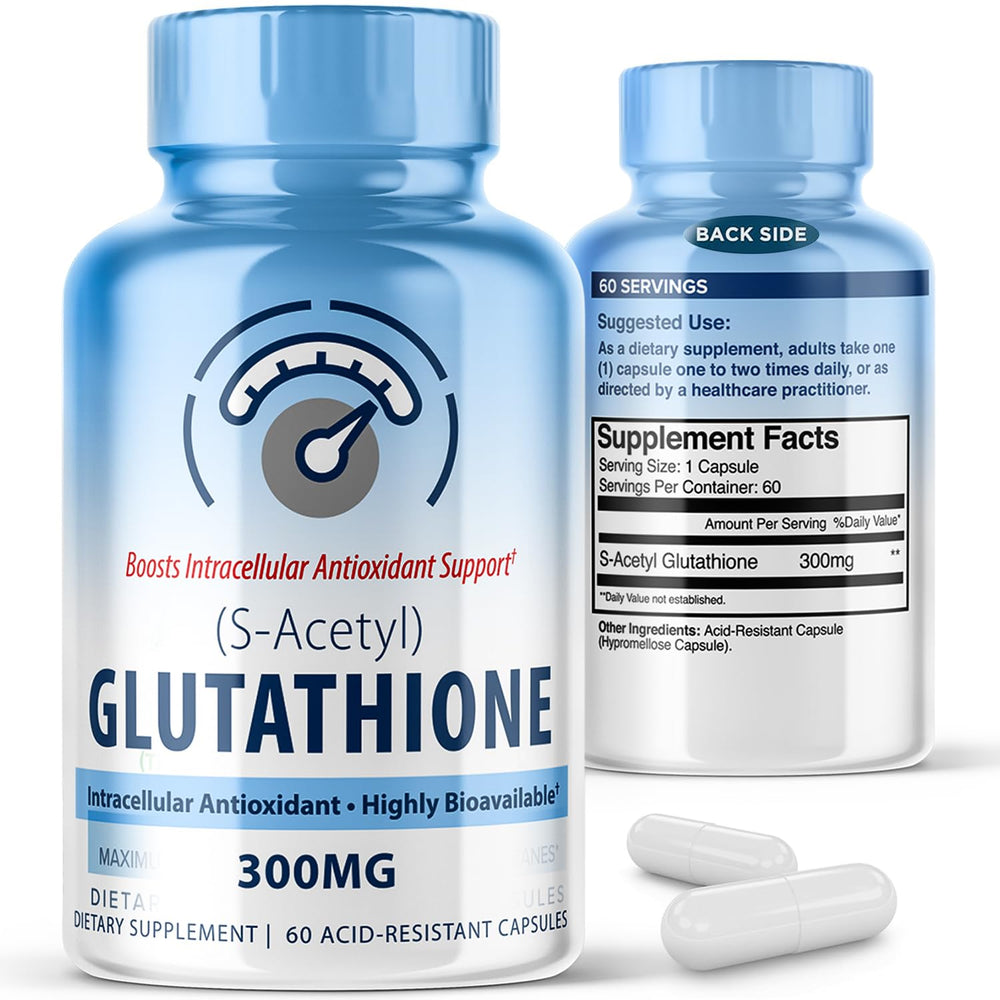 MAXLIFE NATURALS S-Acetyl L-Glutathione 300mg bottle for daily antioxidant support.