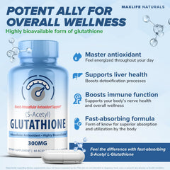 MAXLIFE NATURALS S-Acetyl L-Glutathione acid-resistant capsules ready for absorption.