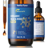 MaxuraFit Maca Root Ashwagandha drops bottle emphasizing daily energy support