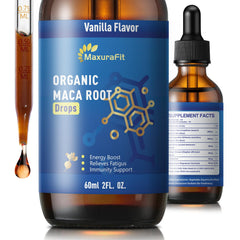 MaxuraFit Maca Root Ashwagandha drops bottle emphasizing daily energy support
