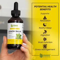 Close-up of Maxx Herb lemon balm dropper highlighting quick-absorption liquid.