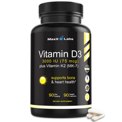 MaxX Labs Vitamin D3 K2 bottle front view highlights high potency and bone support.