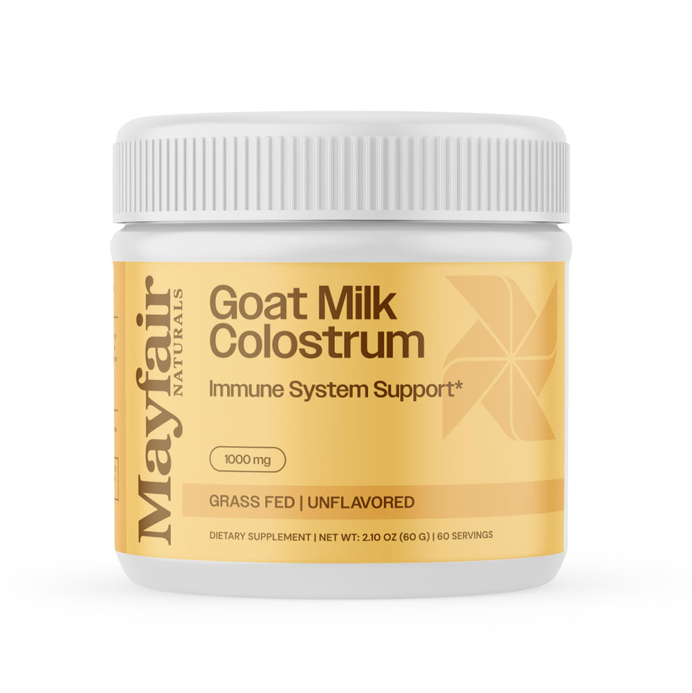 Mayfair Naturals goat milk colostrum powder tub supports immune and gut health.