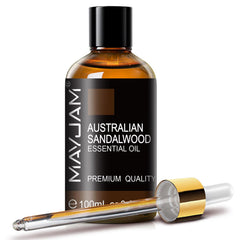 MayJAM Australian Sandalwood oil bottle pour for precise dosing and soothing aroma.